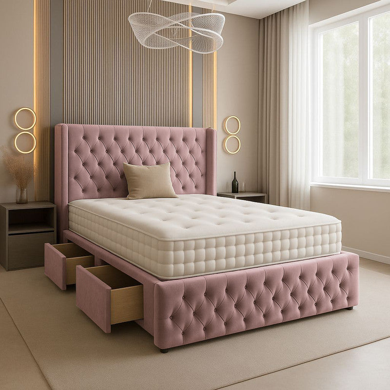 Chesterfield Plush Velvet Divan Bed, Winged Headboard