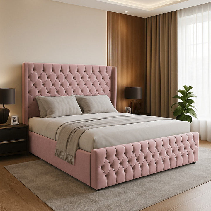 Chesterfield Winged Plush Velvet Ottoman Storage Bed