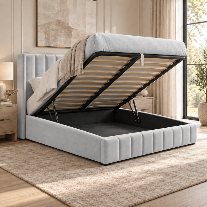 Kensington plush velvet ottoman sleigh bed in silver - alternate view