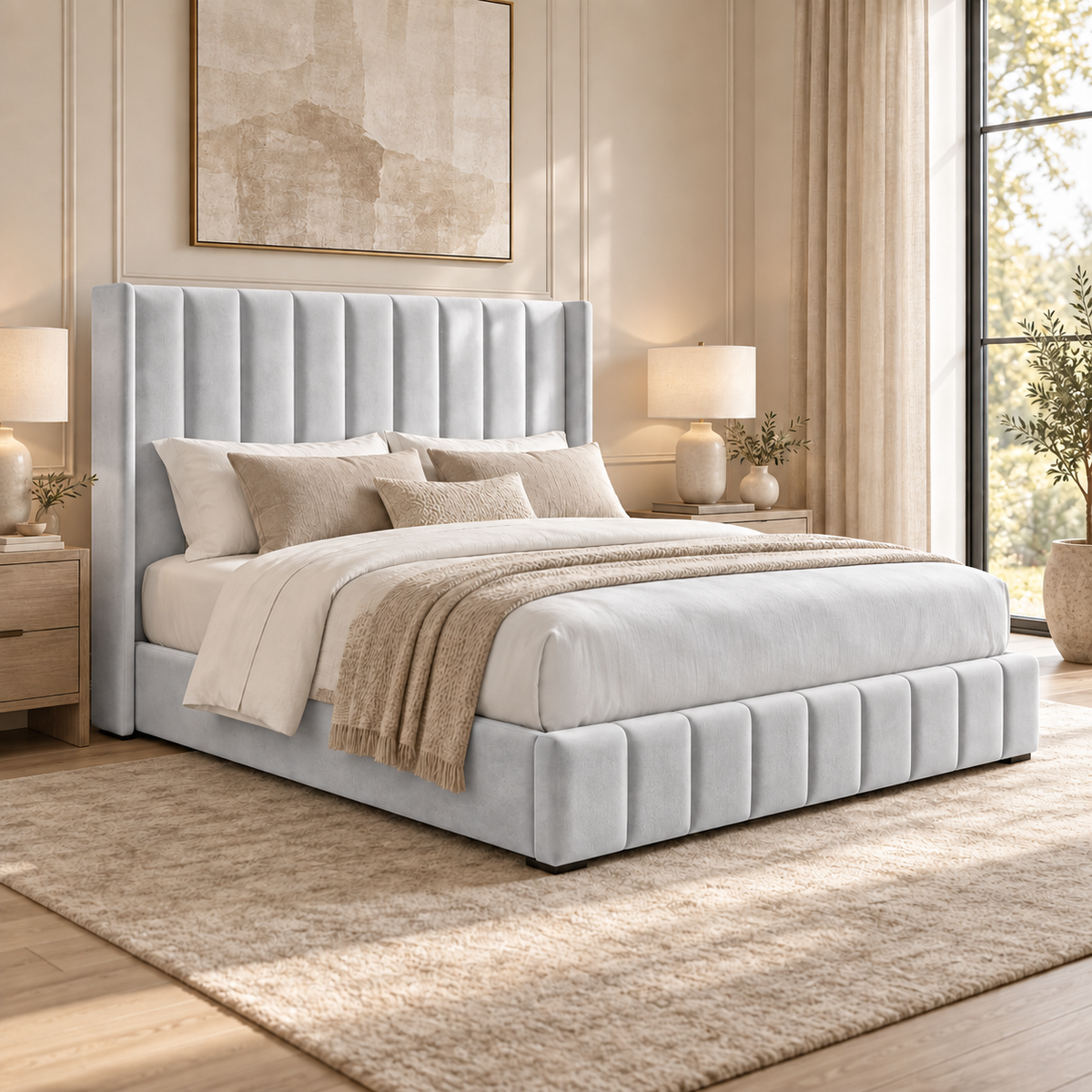 Kensington plush velvet ottoman sleigh bed in silver
