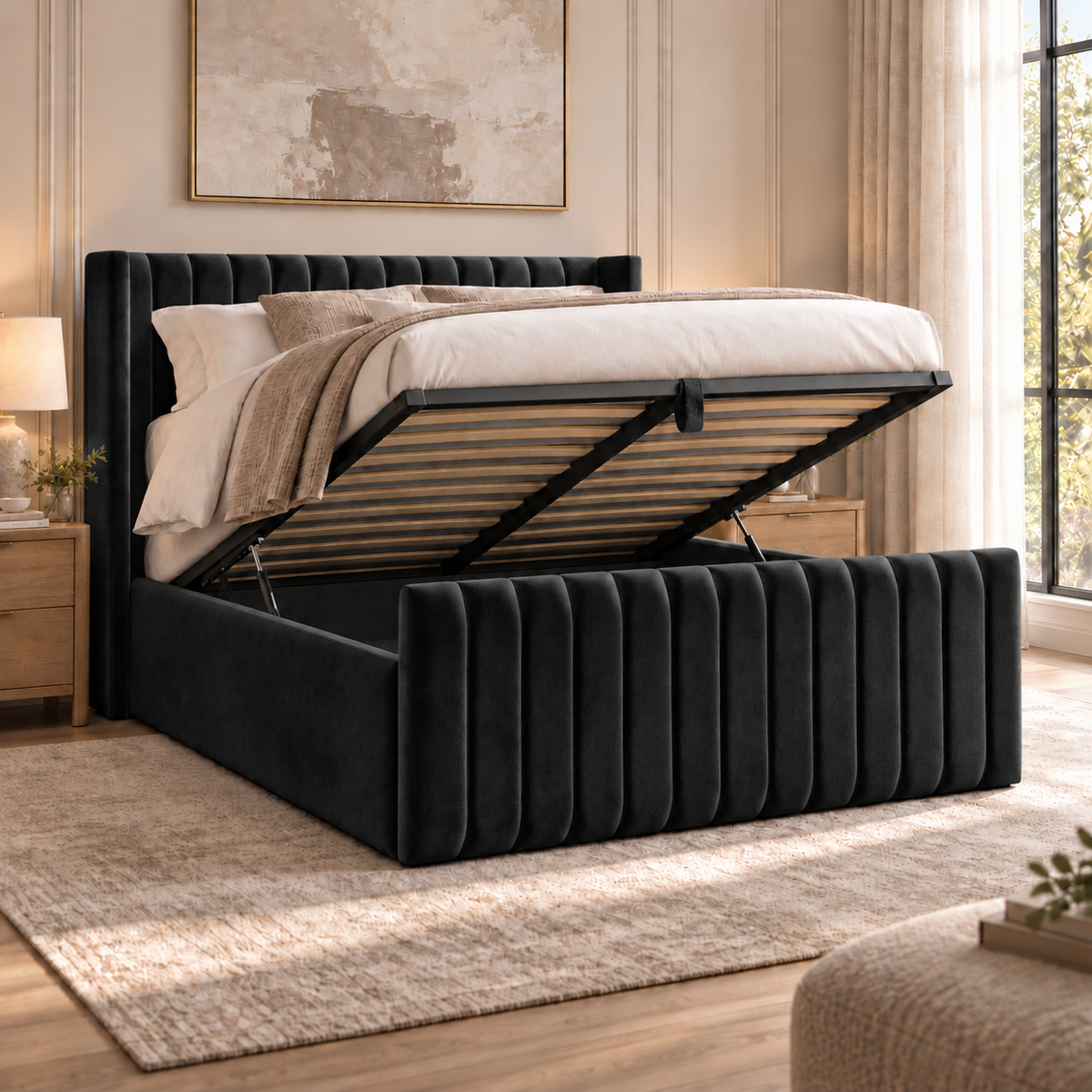 Savannah plush velvet ottoman sleigh bed in black - secondary view