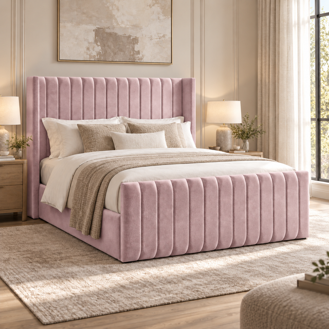 Savannah plush velvet ottoman sleigh bed in blush pink