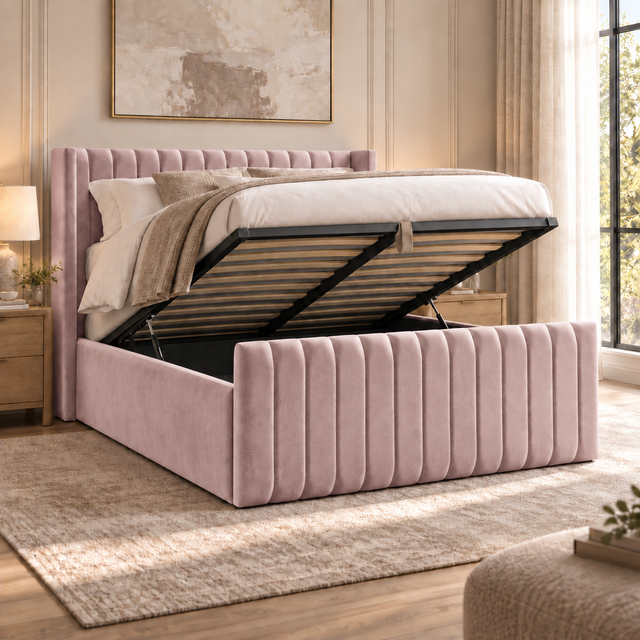 Savannah plush velvet ottoman sleigh bed in blush pink - secondary view