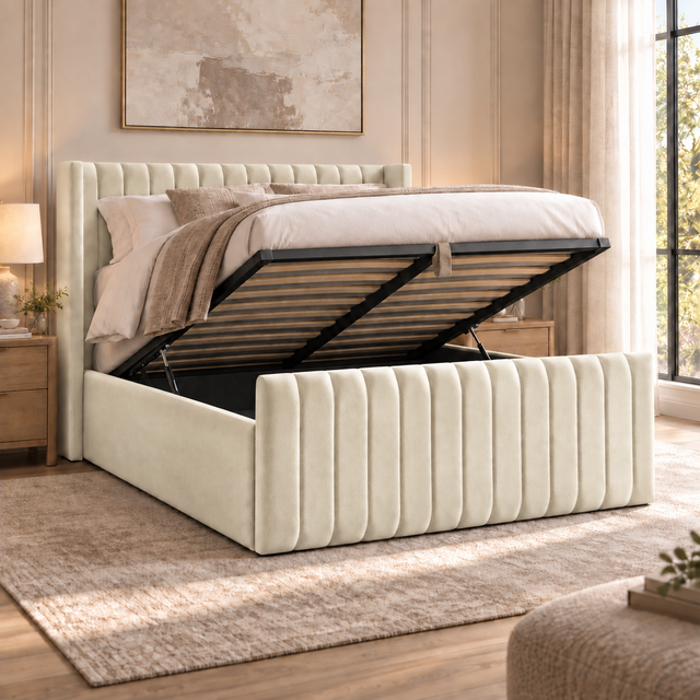 Savannah plush velvet ottoman sleigh bed in cream - secondary view