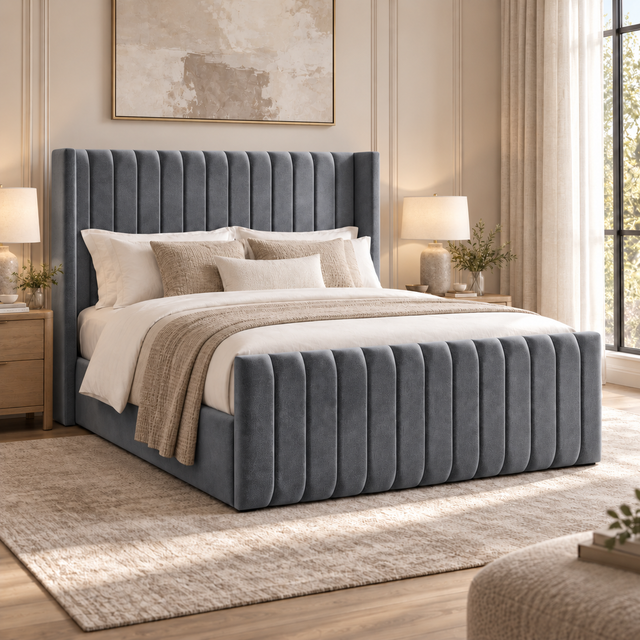 Savannah plush velvet ottoman sleigh bed in grey