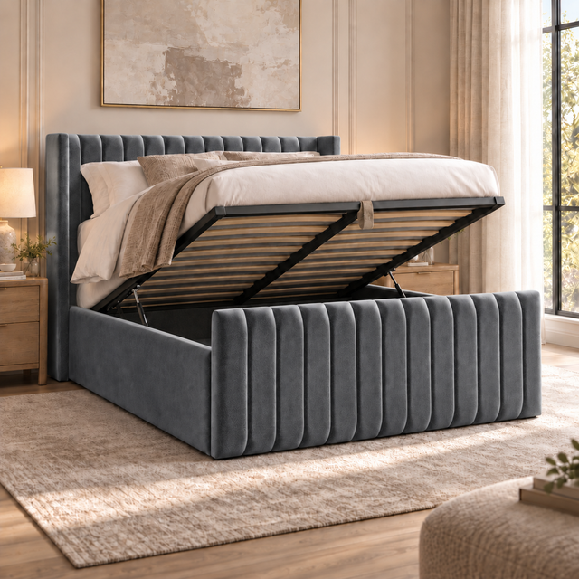 Savannah plush velvet ottoman sleigh bed in grey - secondary view