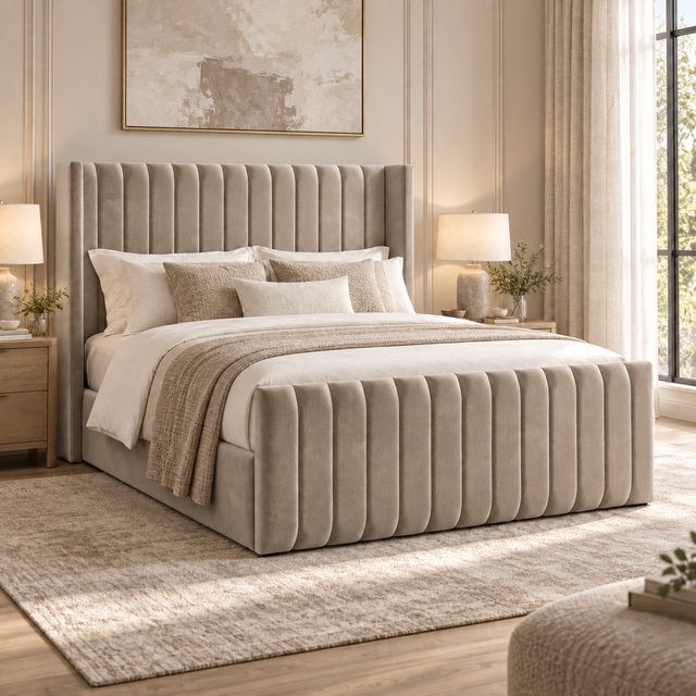 Savannah plush velvet ottoman sleigh bed in mink