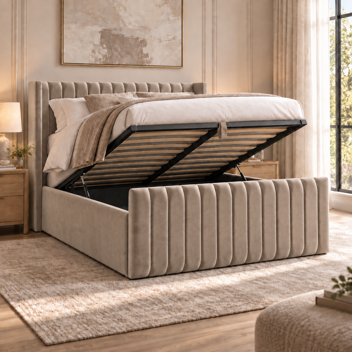 Savannah plush velvet ottoman sleigh bed in mink - secondary view