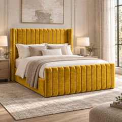 Savannah plush velvet ottoman sleigh bed in mustard