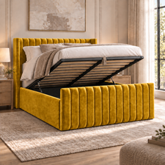 Savannah plush velvet ottoman sleigh bed in mustard - secondary view