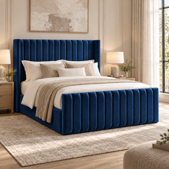 Savannah plush velvet ottoman sleigh bed in navy