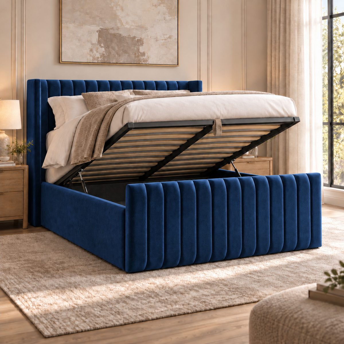 Savannah plush velvet ottoman sleigh bed in navy - secondary view