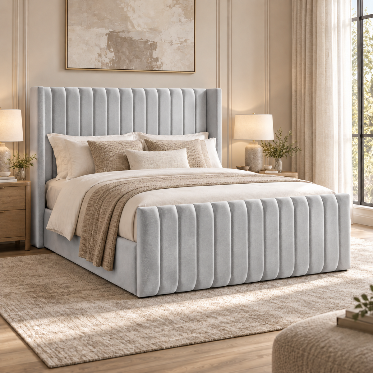 Savannah plush velvet ottoman sleigh bed in silver