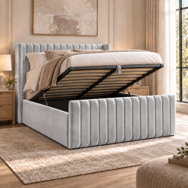 Savannah plush velvet ottoman sleigh bed in silver - secondary view