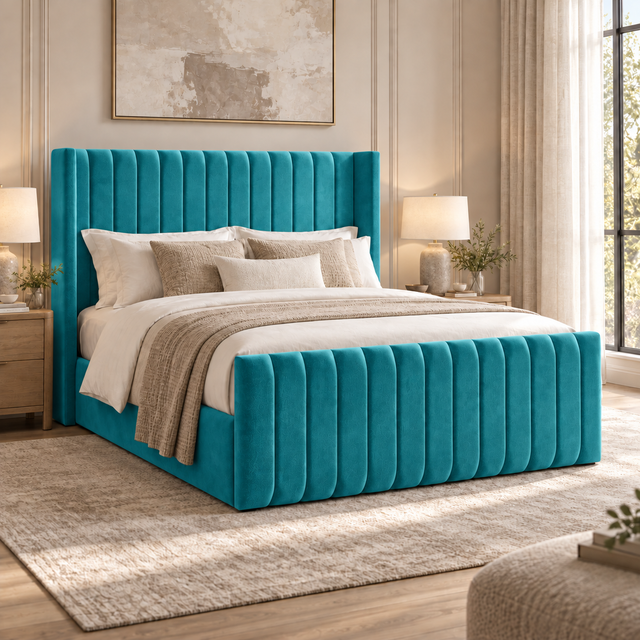 Savannah plush velvet ottoman sleigh bed in turquoise
