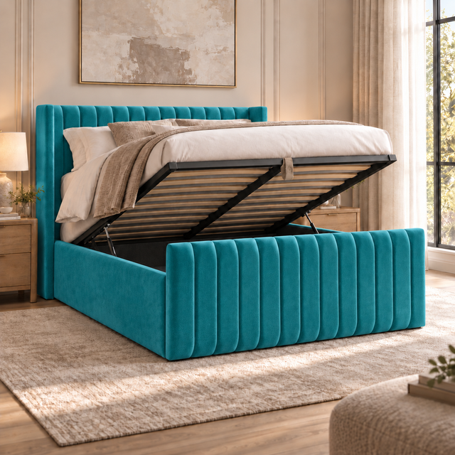 Savannah plush velvet ottoman sleigh bed in turquoise - secondary view
