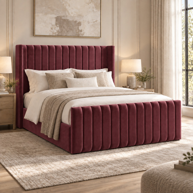 Savannah plush velvet ottoman sleigh bed in wine