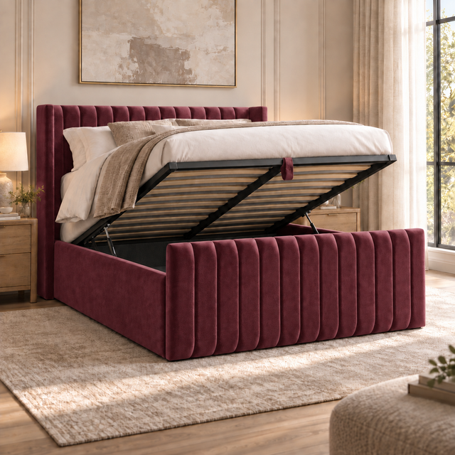 Savannah plush velvet ottoman sleigh bed in wine - secondary view