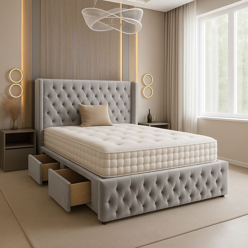 Chesterfield Plush Velvet Divan Bed, Winged Headboard