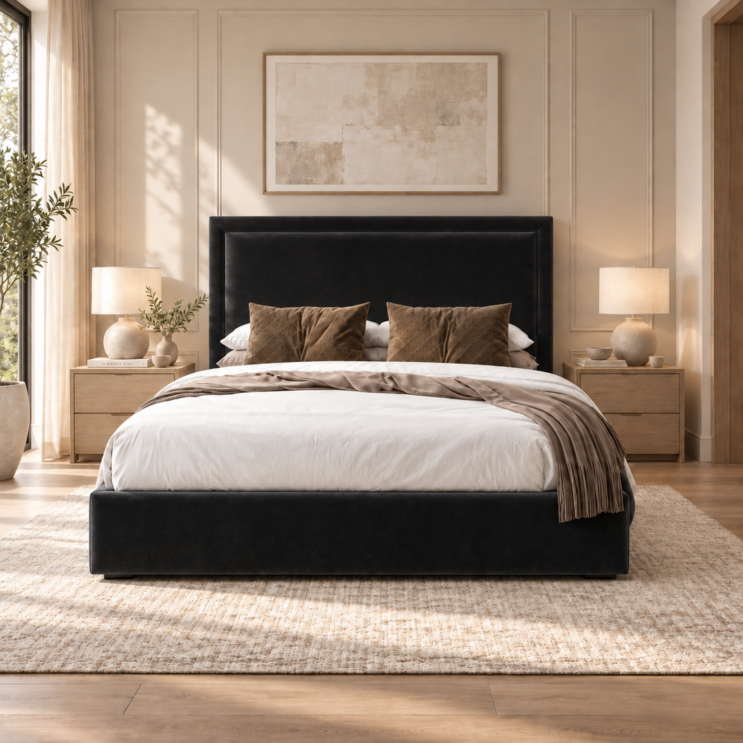 Sloane plush velvet ottoman sleigh bed in black
