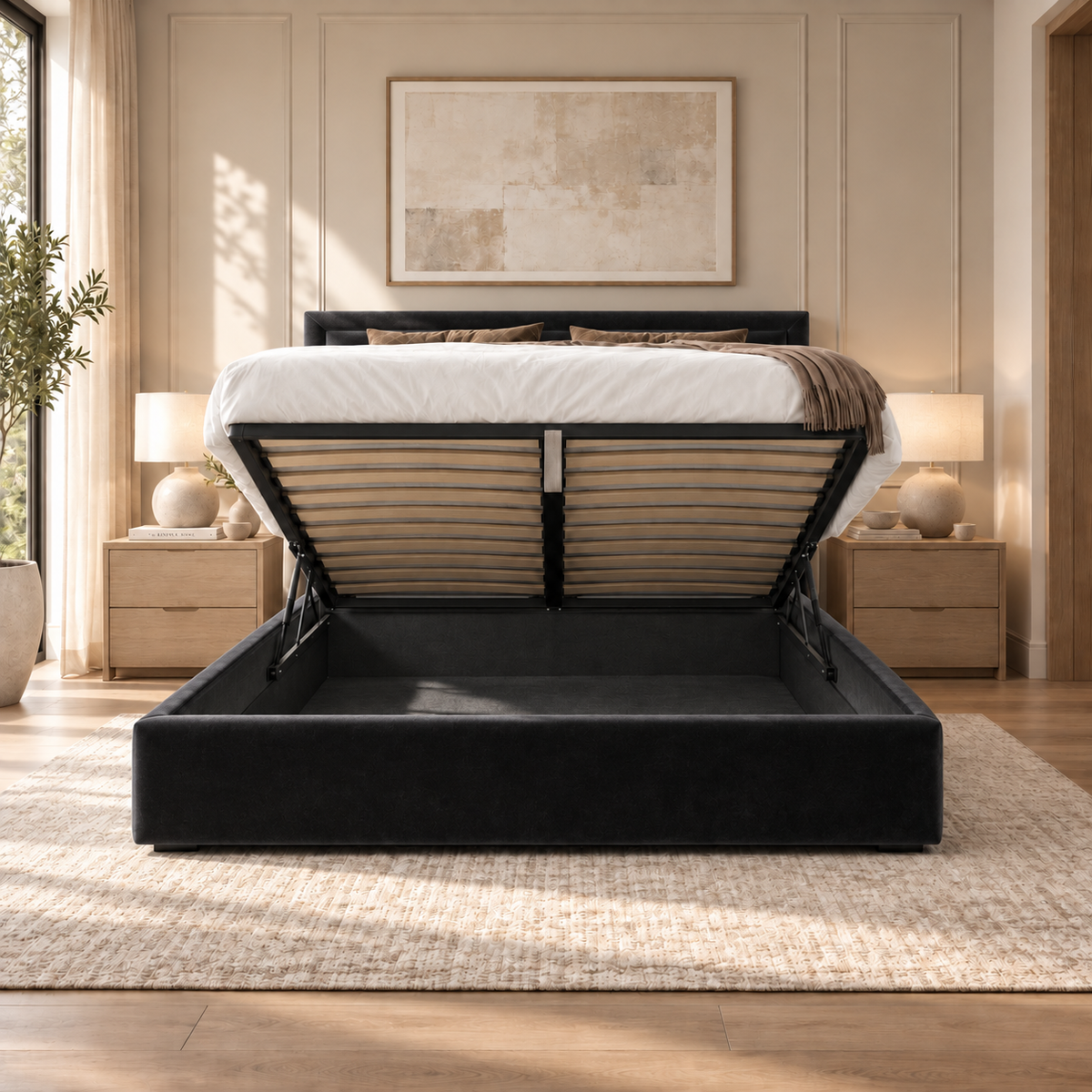Sloane plush velvet ottoman sleigh bed in black - ottoman storage open
