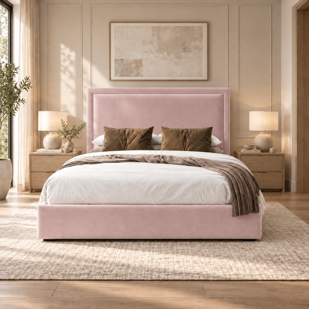 Sloane plush velvet ottoman sleigh bed in blush pink