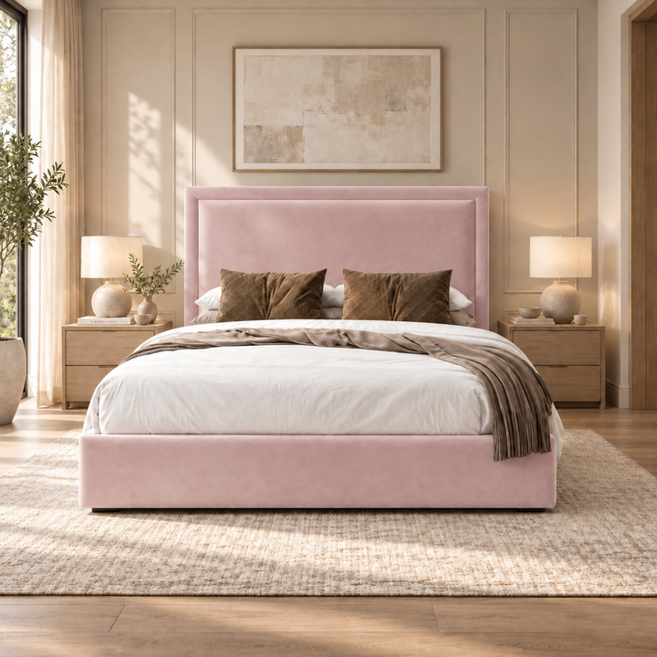 Sloane plush velvet ottoman sleigh bed in blush pink