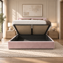 Sloane plush velvet ottoman sleigh bed in blush pink - ottoman storage open