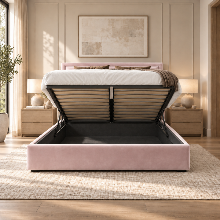 Sloane plush velvet ottoman sleigh bed in blush pink - ottoman storage open