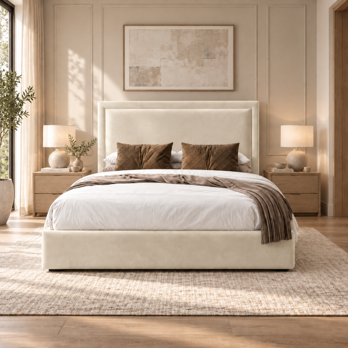 Sloane plush velvet ottoman sleigh bed in cream