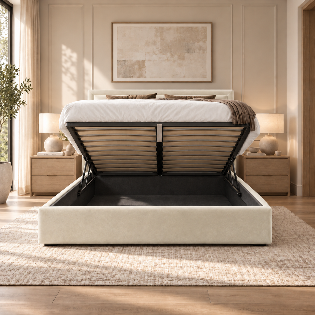 Sloane plush velvet ottoman sleigh bed in cream - ottoman storage open