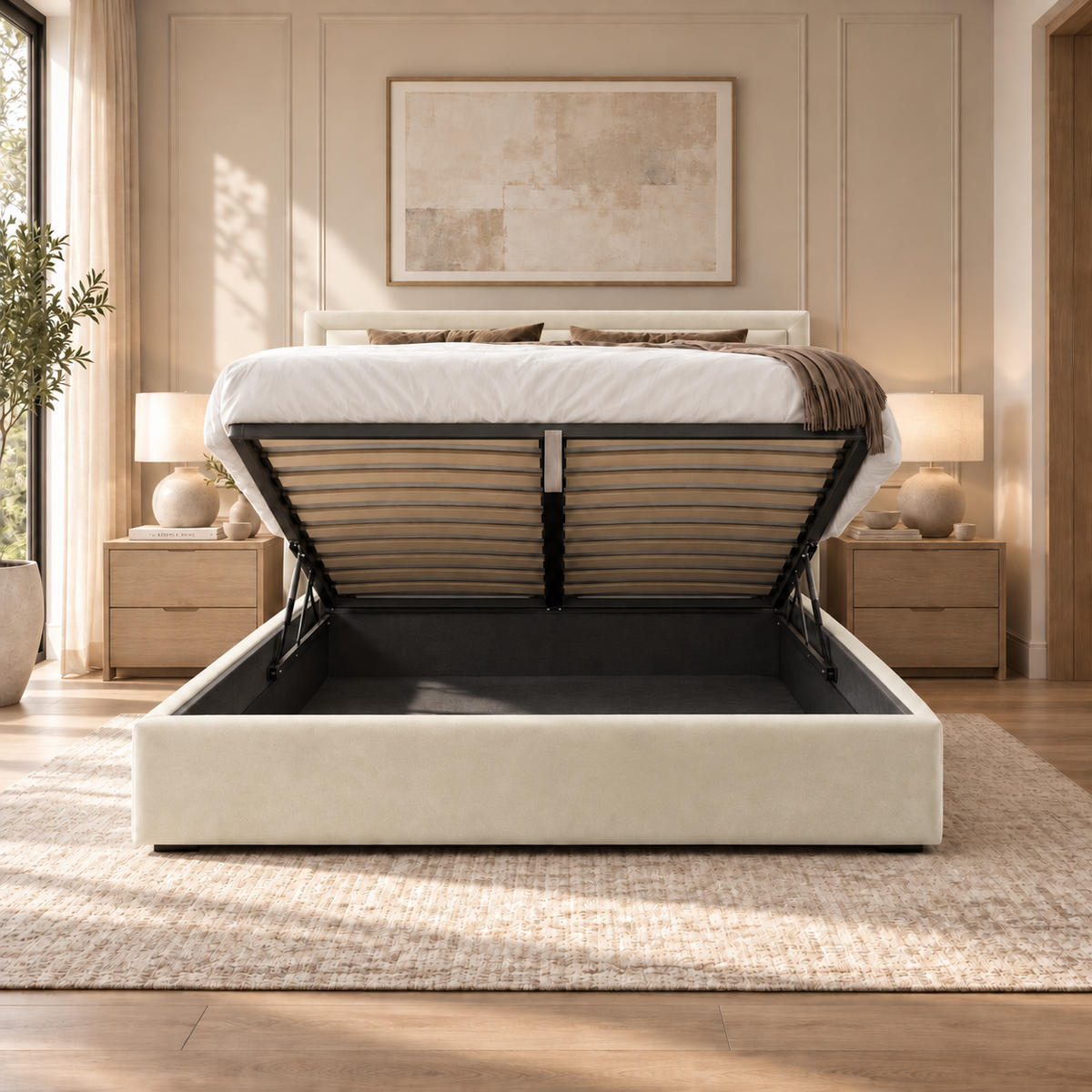 Sloane plush velvet ottoman sleigh bed in cream - ottoman storage open