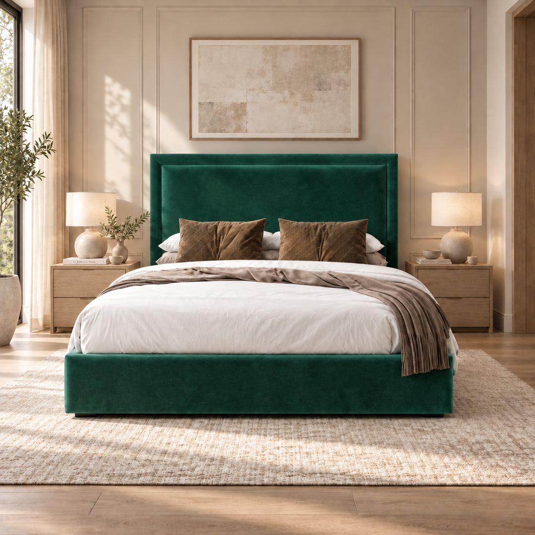 Sloane plush velvet ottoman sleigh bed in emerald green