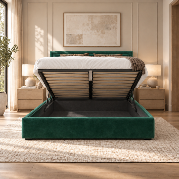Sloane plush velvet ottoman sleigh bed in emerald green - ottoman storage open