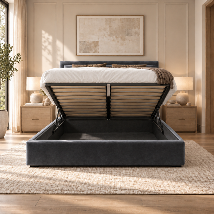Sloane plush velvet ottoman sleigh bed in grey - ottoman storage open
