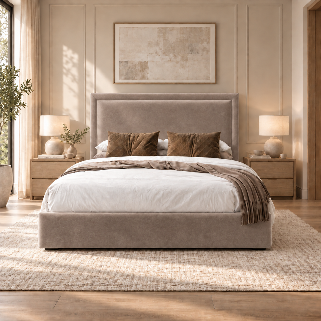 Sloane plush velvet ottoman sleigh bed in mink