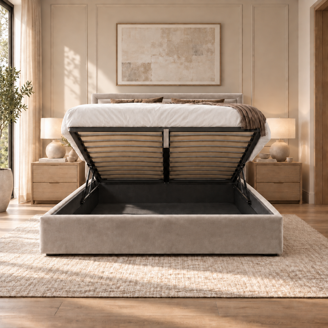 Sloane plush velvet ottoman sleigh bed in mink - ottoman storage open