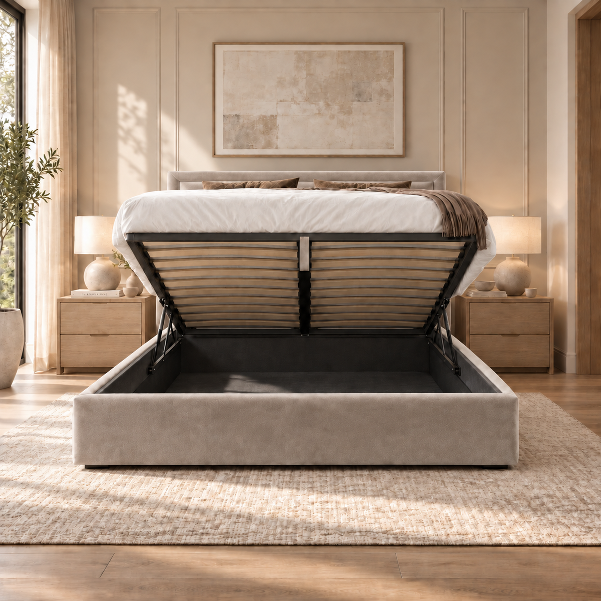 Sloane plush velvet ottoman sleigh bed in mink - ottoman storage open