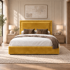 Sloane plush velvet ottoman sleigh bed in mustard