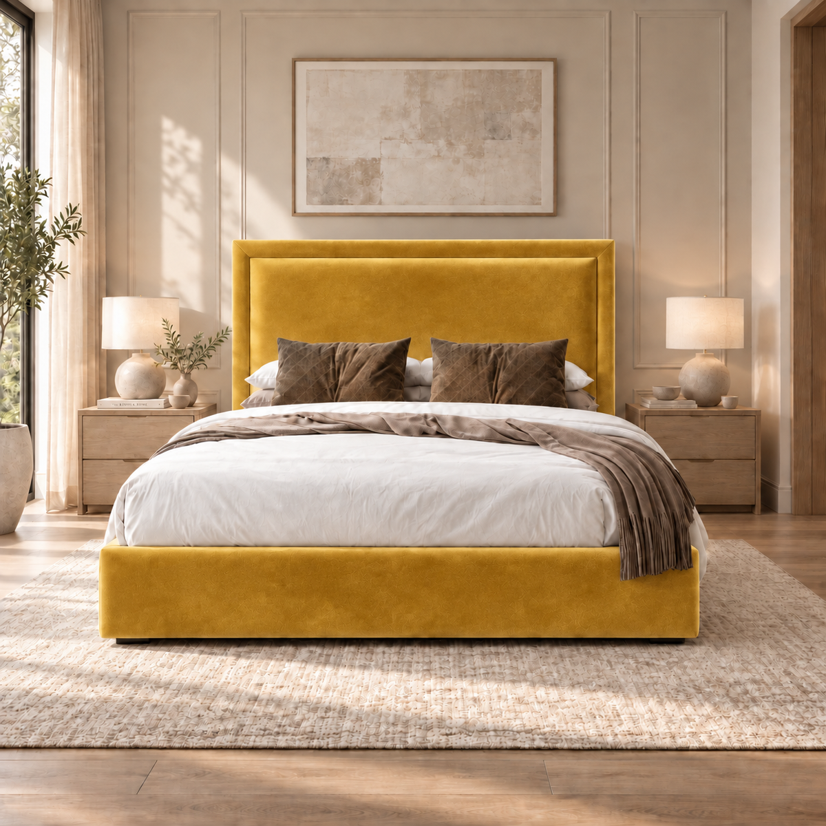 Sloane plush velvet ottoman sleigh bed in mustard