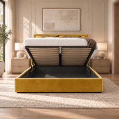 Sloane plush velvet ottoman sleigh bed in mustard - ottoman storage open