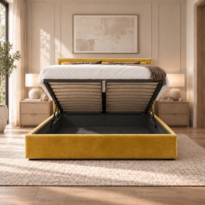Sloane plush velvet ottoman sleigh bed in mustard - ottoman storage open