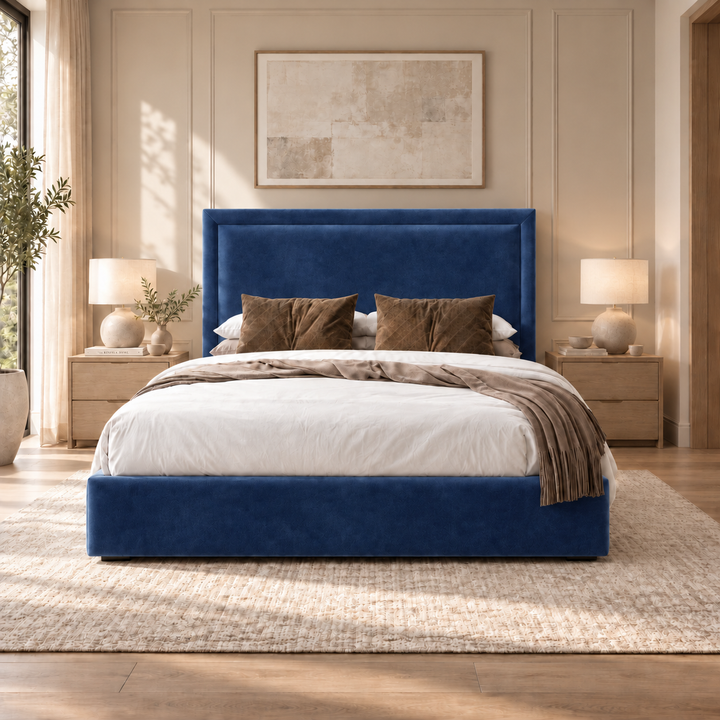Sloane plush velvet ottoman sleigh bed in navy