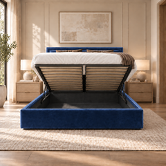 Sloane plush velvet ottoman sleigh bed in navy - ottoman storage open