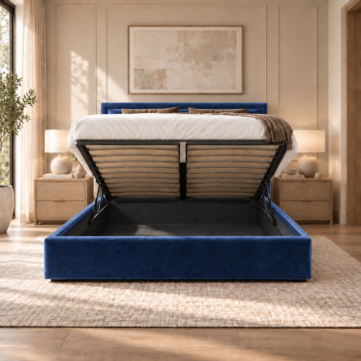 Sloane plush velvet ottoman sleigh bed in navy - ottoman storage open