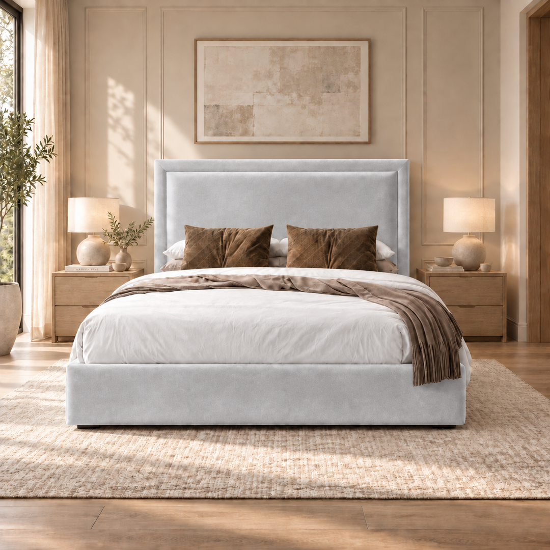 Sloane plush velvet ottoman sleigh bed in silver