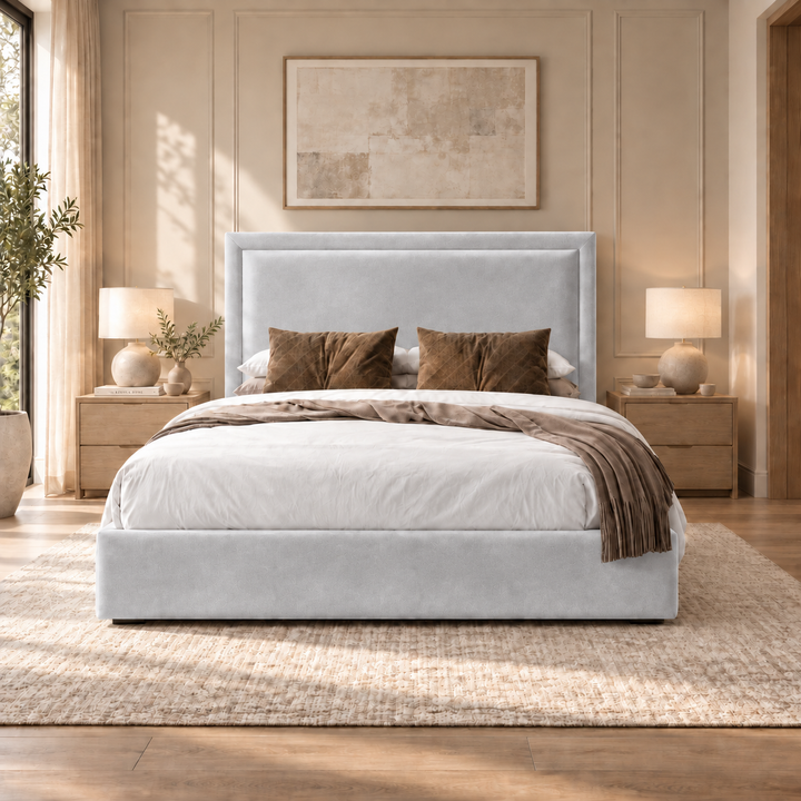 Sloane plush velvet ottoman sleigh bed in silver