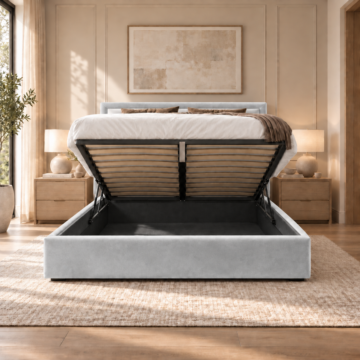 Sloane plush velvet ottoman sleigh bed in silver - ottoman storage open