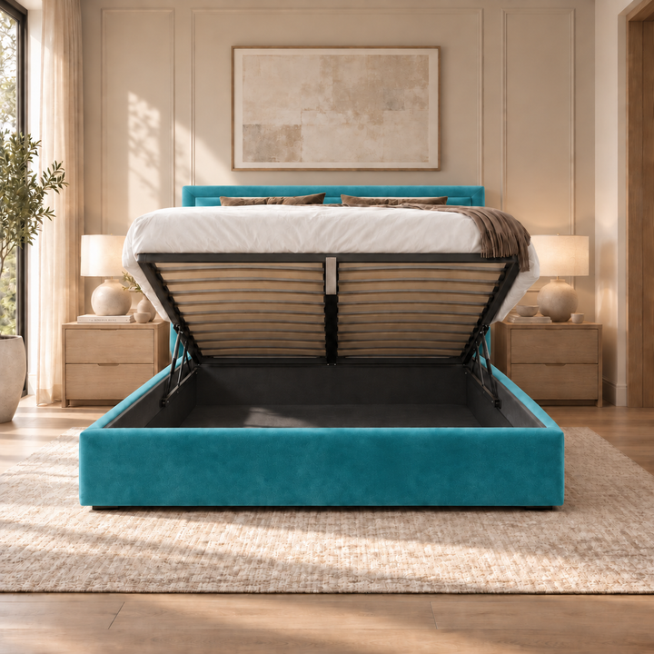 Sloane plush velvet ottoman sleigh bed in turquoise - ottoman storage open