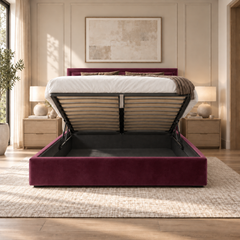 Sloane plush velvet ottoman sleigh bed in wine - ottoman storage open